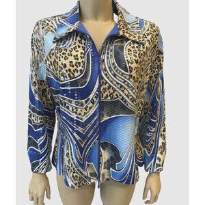 Joseph Ribkoff Jacket, Sequin Animal Print Front Zip Sz 16 VTG Blue, Brown EUC